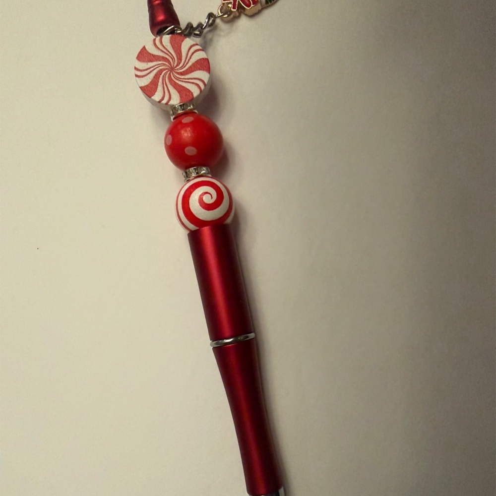 Red and White Swirl Beaded Pen